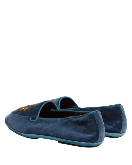 Dolce & Gabbana Blue Velvet Crown Embroidery Loafers Shoes for men