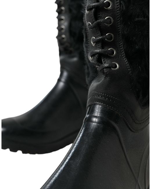 Dolce & Gabbana Black Rubber Lace Up Shearling Rain Boots Shoes for men