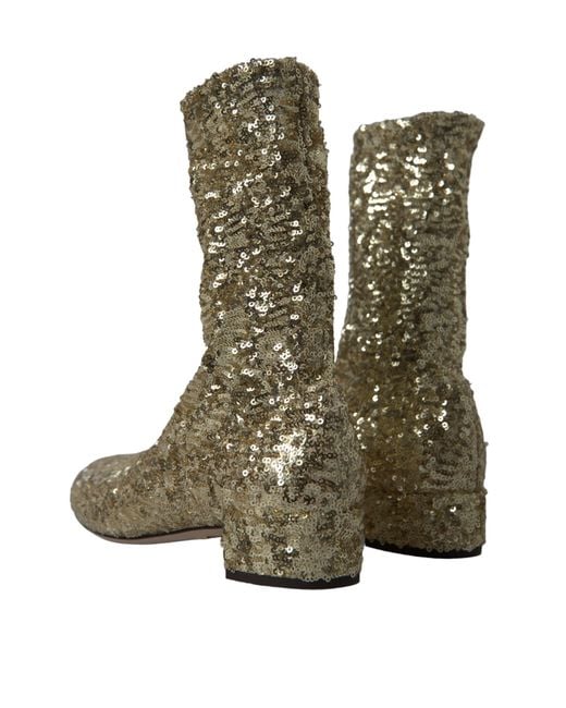 Dolce & Gabbana Green Gold Sequined Short Boots Stretch Shoes