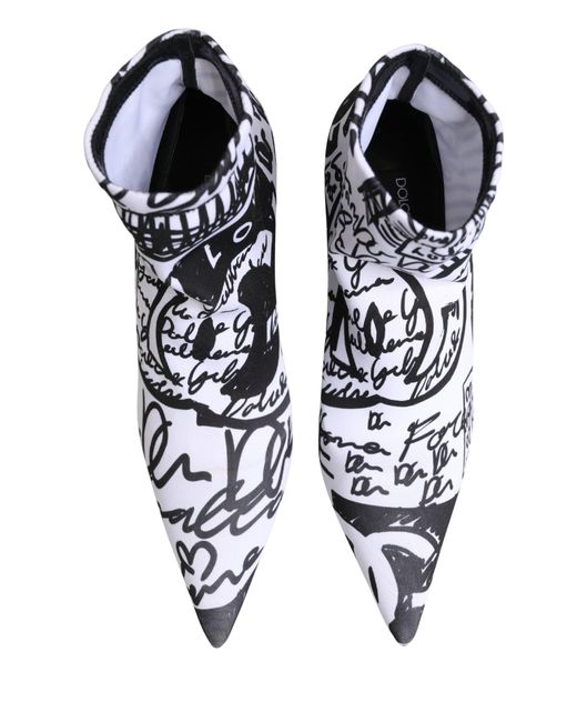 Dolce & Gabbana Black Graffiti Stretch Ankle Boots Shoes Elastane Polyester