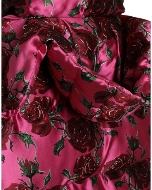 Dolce & Gabbana Red Pink Roses Pattern Hooded Padded Zip Jacket for men