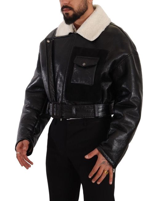 Dolce & Gabbana Black Leather Shearling Biker Coat Jacket Lamb Leather for men