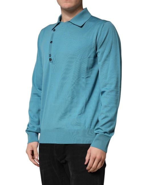 Dolce & Gabbana Blue Teal Wool Collared Polo Pullover Sweater for men