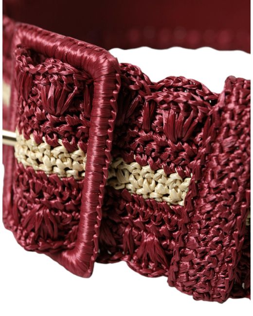 Dolce & Gabbana Red Maroon Beige Braided Canvas Wide Waist Belt