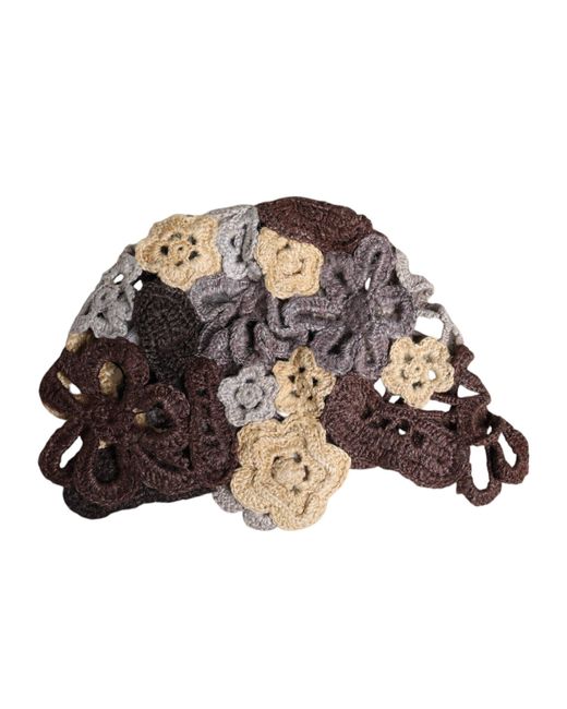 Dolce & Gabbana Brown Floral Silk Crochet Beanie Hat