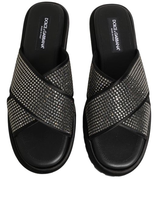 Dolce & Gabbana Black Strass Criss Cross Slide Sandals Shoes for men