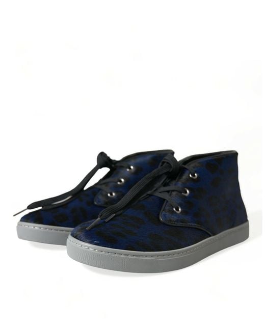 Dolce & Gabbana Blue Calfskin Leopard Mid Top Sneakers Shoes for men