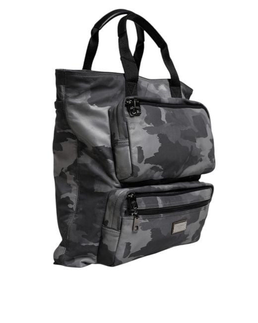 Dolce & Gabbana Black Gray Camo Cotton Multiple Compartments Tote Bag for men