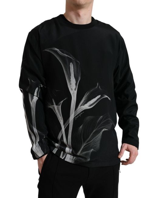 Dolce & Gabbana Black Floral Print Crewneck Pullover Sweater for men