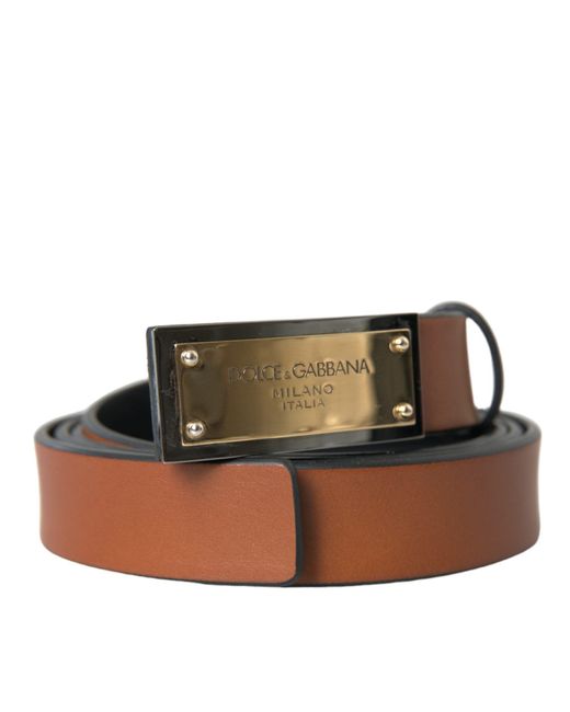 Dolce & Gabbana Brown Calf Leather Metal Logo Buckle Belt for men