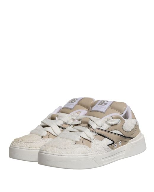 Dolce & Gabbana White Beige Faux Shearling Low Top Sneakers Shoes for men