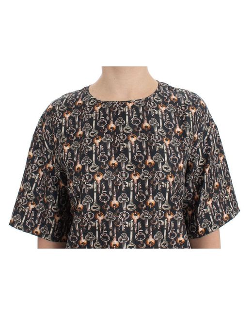 Dolce & Gabbana Gray Key Print Silk Blouse T-Shirt