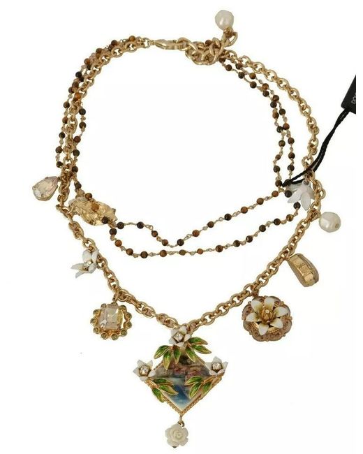 Dolce & Gabbana Black Brass Crystal Floral Statement Charms Necklace
