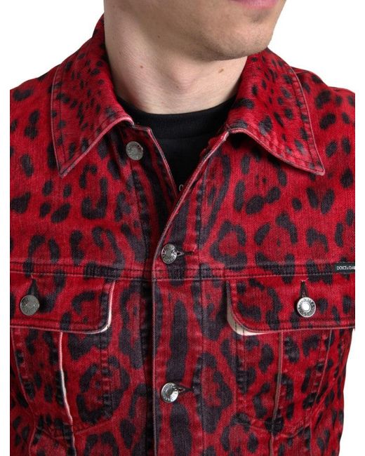 Dolce & Gabbana Red Leopard Cotton Collared Denim Jacket for men