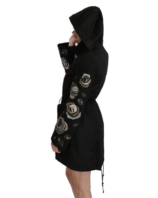 John Richmond Floral Sequined Beaded Hooded Coat Black Jkt2341