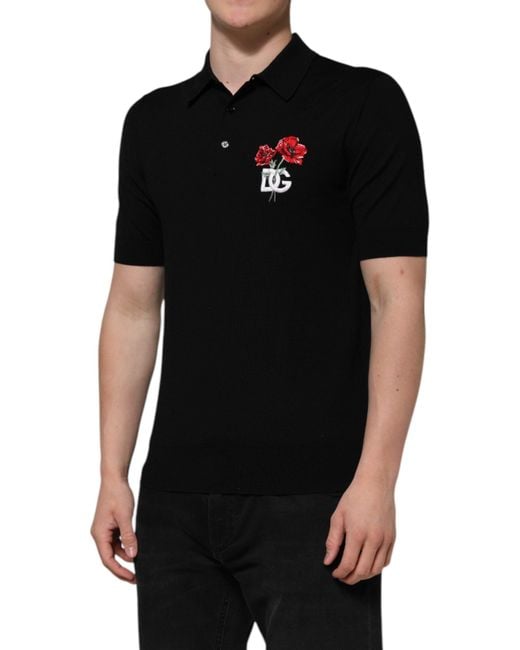 Dolce & Gabbana Black Wool Logo Floral Short Sleeve T-Shirt Virgin for men