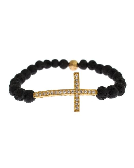 Nialaya Black Lava Stone Gold Clear Cz Cross 925 Silver Bracelet