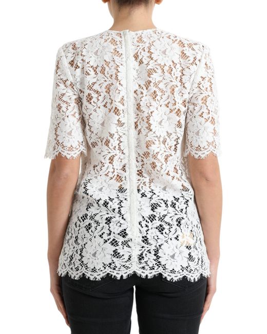 Dolce & Gabbana White Floral Lace Cotton Round Neck Blouse Top