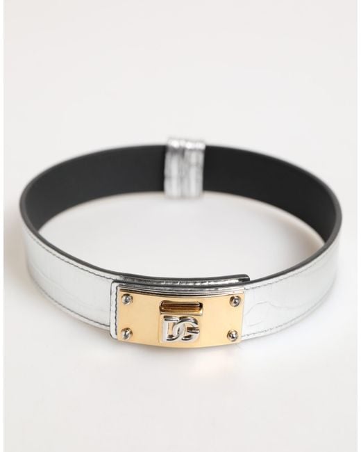 Dolce & Gabbana Black Silver Textured Leather Gold Tone Metal Neckband for men