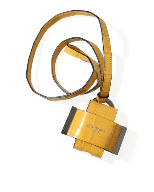 Dolce & Gabbana Metallic Yellow Crocodile Leather Logo Print Lanyard Keychain