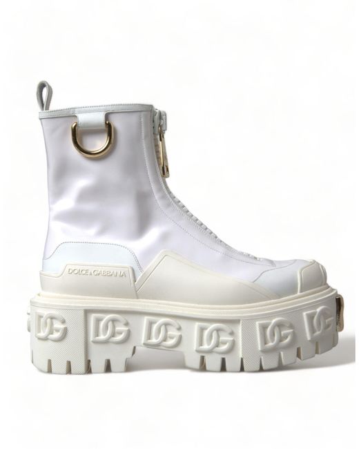 Dolce & Gabbana Metallic White Leather Logo Plaque Zip Ankle Boots Shoes