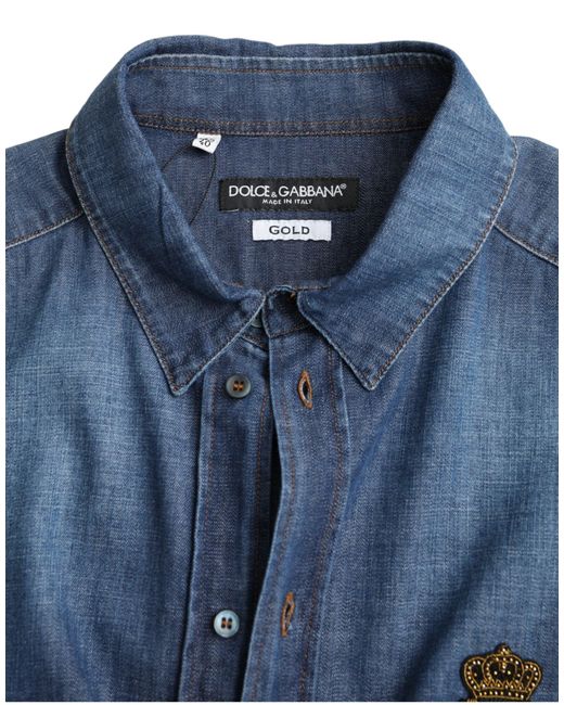 Dolce & Gabbana Blue Crown Bee Cotton Denim Shirt for men