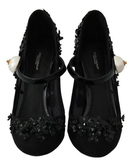 Dolce & Gabbana Black Floral Embellish Heels Mary Janes Pumps Shoes