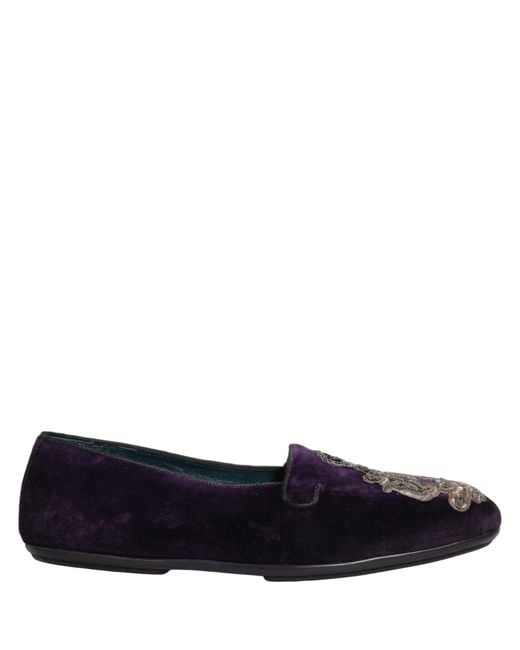 Dolce & Gabbana Blue Purple Velvet Crown Embroidery Loafers Shoes for men