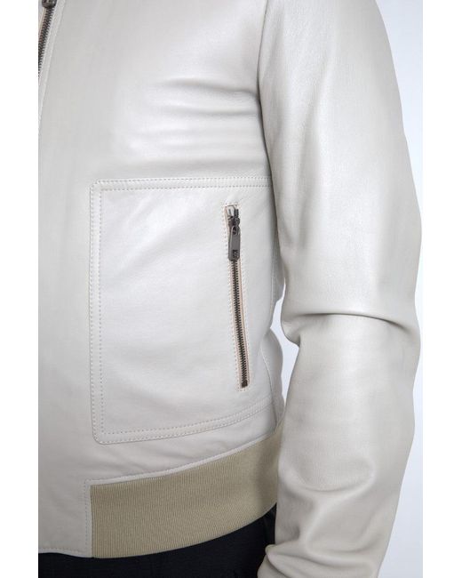 Dolce & Gabbana Gray Cream Leather Bomber Blouson Full Zip Jacket for men