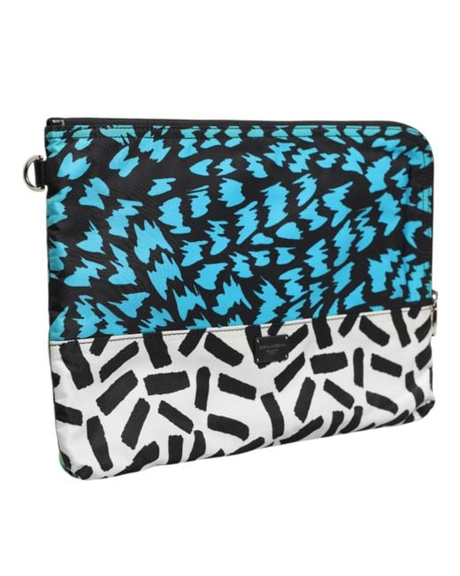Dolce & Gabbana Blue Multicolor Printed Nylon Logo Plaque Men Clutch Pouch Bag