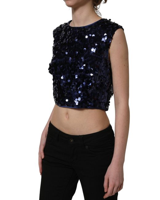 Dolce & Gabbana Blue Sequined Sleeveless Cropped Tank Top Nylon