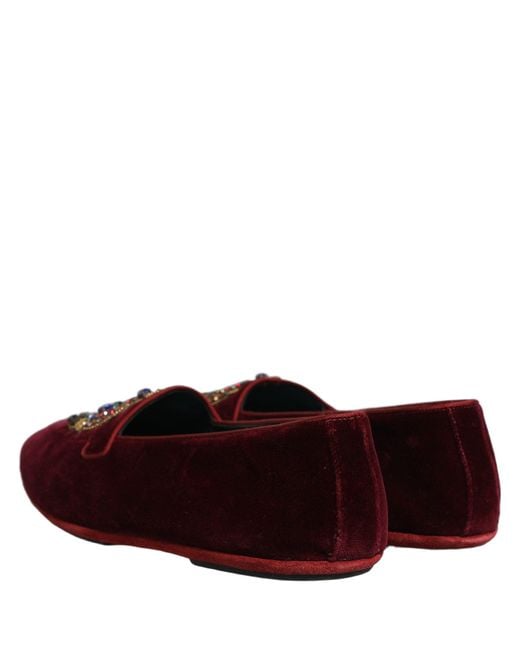 Dolce & Gabbana Red Burgundy Velvet Crown Slip On Loafers Shoes for men