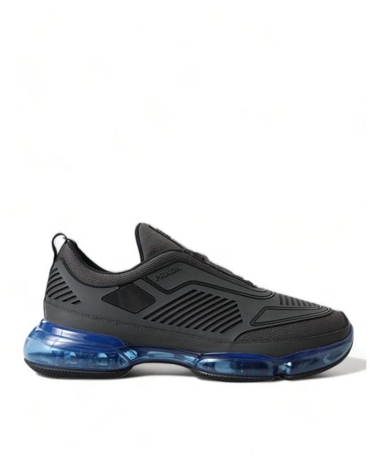 Prada Black Blue Rubber Knit Slip On Low Top Sneakers Shoes for men