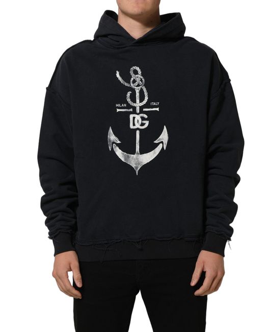 Dolce & Gabbana Black Anchor Print Hooded Sweatshirt Sweater Cotton Clothing for men