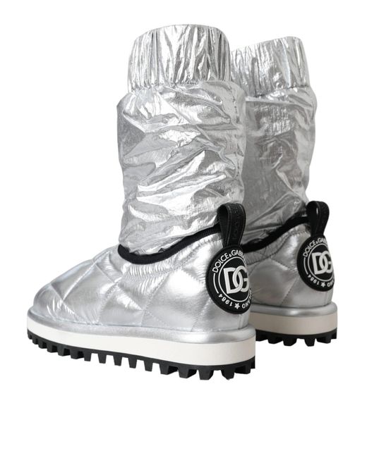 Dolce & Gabbana Gray Metallic Quilted Logo Patch Boot Shoes