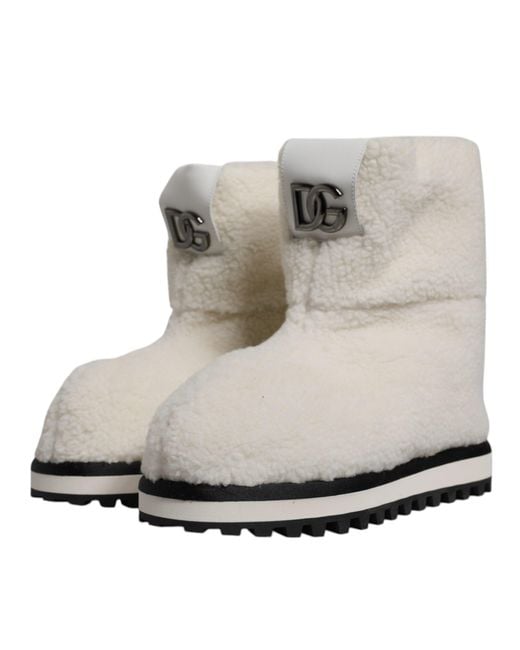Dolce & Gabbana Gray White Plush Logo Padded Mid Calf Boots Shoes for men