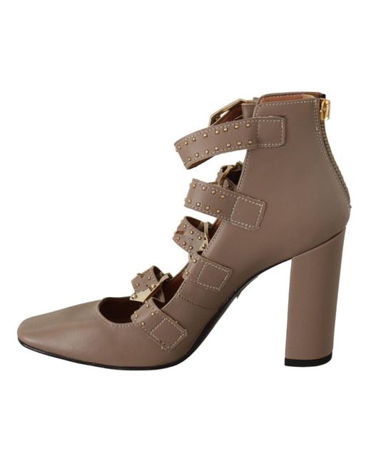 My Twin Brown Elegant Leather Multi-Buckle Heels