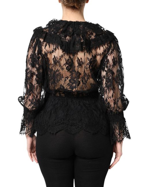 Dolce & Gabbana Black Cotton Floral Lace Blouse Top