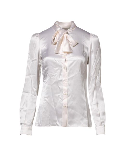 Dolce & Gabbana Gray White Ascot Collar Long Sleeve Blouse Top