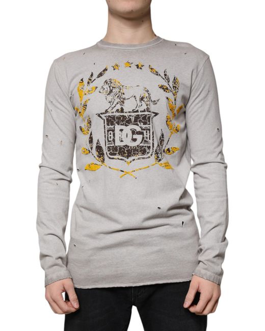 Dolce & Gabbana Gray Printed Cotton Crewneck Pullover Sweater for men