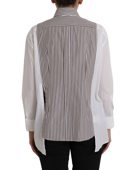Dolce & Gabbana Gray Stripes Cotton Long Sleeves Ruffle Collar Top