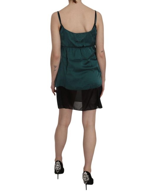 Pink Memories Black Silk Green Spaghetti Strap Shift Mini Dress