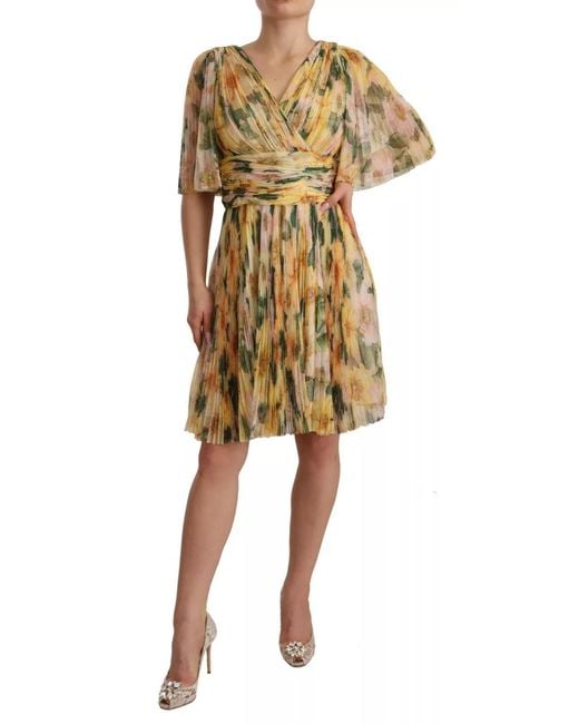 Dolce & Gabbana Multicolor Yellow Floral Print Pleated Maxi Dress