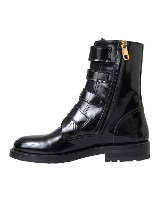 Dolce & Gabbana Black Leather Crystal Buckles Boots Shoes