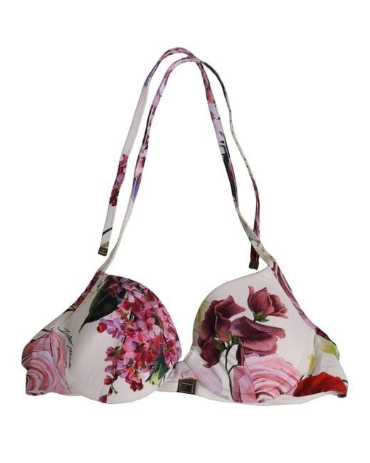Dolce & Gabbana Purple White Floral Print Nylon Beachwear Bikini Top