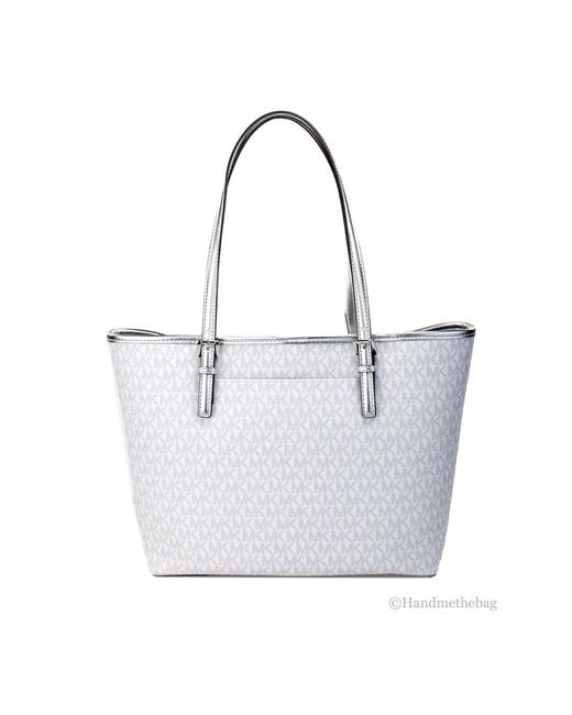 Michael Kors Blue Jet Set Travel Girls Medium Signature Carryall Tote White Mk