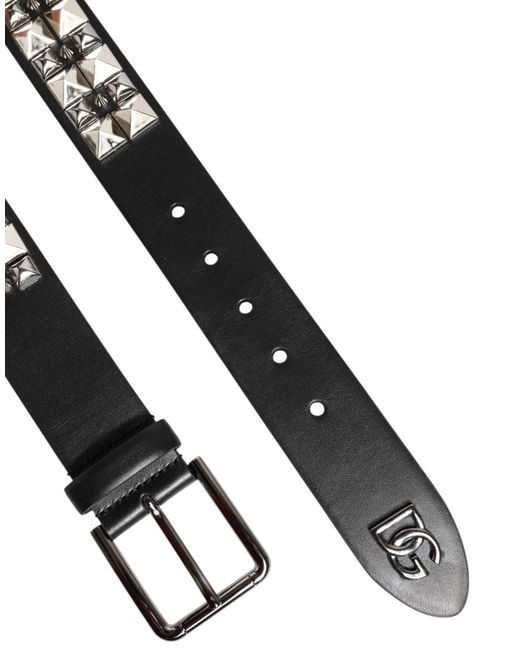 Dolce & Gabbana Black Calf Leather Studded Silver Buckle Belt for men