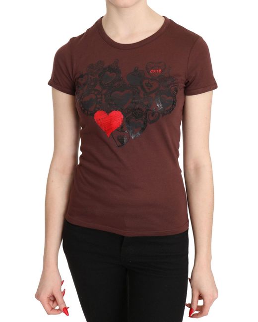 Exte Red Hearts Printed Round Neck T-shirt Top Brown Tsh3419