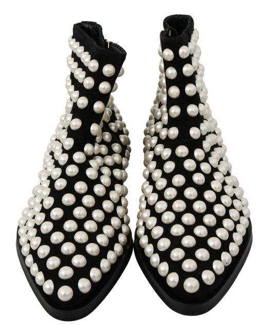 Dolce & Gabbana Black Suede Pearl Studs Boots Shoes