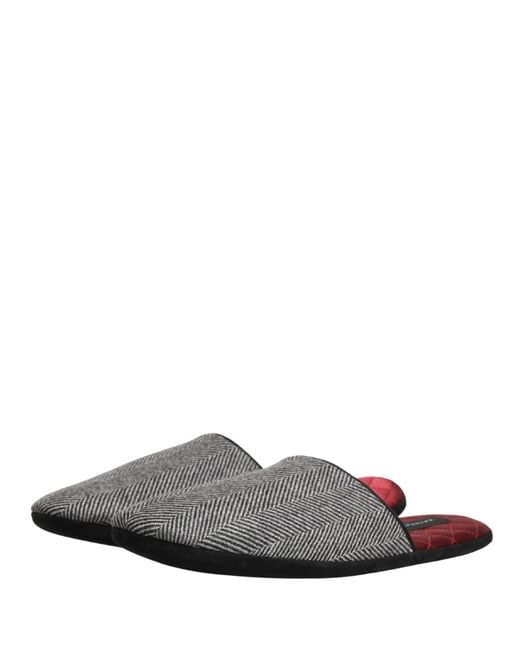Dolce & Gabbana White Grey Herringbone Cashmere Red Slippers Shoes for men